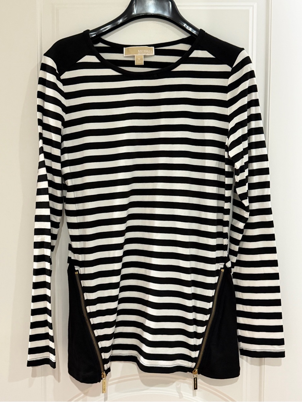 Michael Kors Black & White Striped Long Sleeve Tee with Gold Zippers